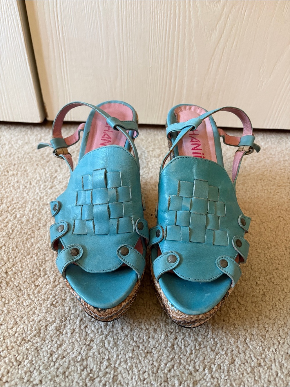 Chanii B Turquoise Woven Leather Slingback Wedge Sandals